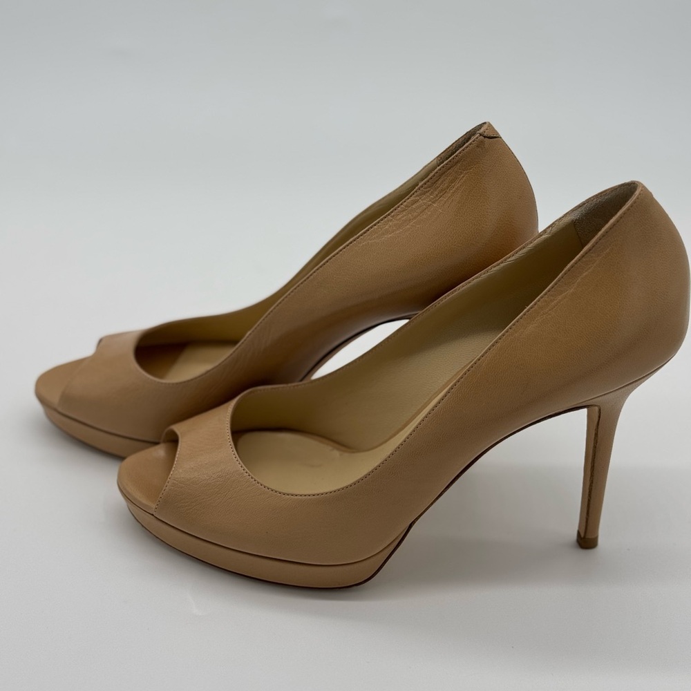 Jimmy Choo Kid Leather Nude Open Toe Platform Pump Heel, 40